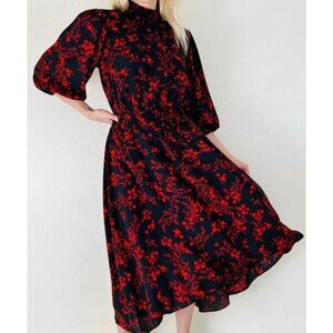 Nanette Lepore Size 6 Black Red Floral Dress High Low Puff Sleeves Mock Neck